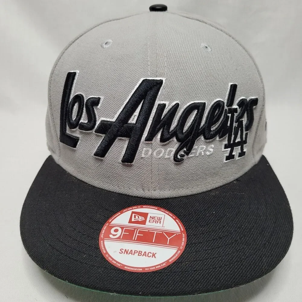 New Era 9FIFTY Los Angeles Dodgers Hat Gray Black Script Snapback Stickers Cap
